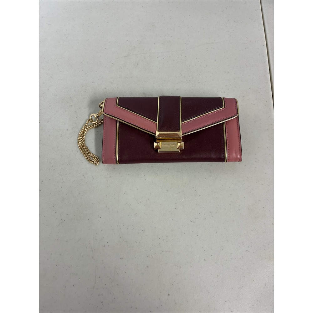 Michael Kors Burgundy Pink Leather Envelope Wallet Gold Studded Chain Wristlet
